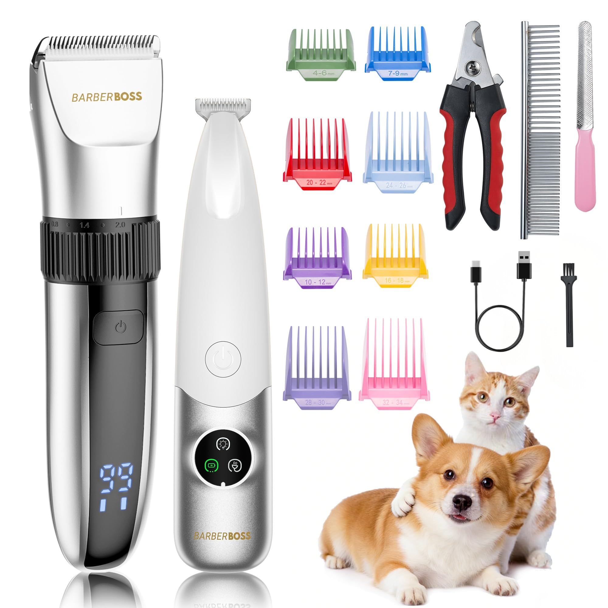 BarberBoss Kabelloser Haustier-Fellpflege-Clipper, Keramikklingen, LED-Display, schnelles Aufladen, elektrische Haustierschneidemaschine für Hunde und Katzen (Silber und Weiß) | Für Hunde und Katzen, Geräuscharm, LED-Anzeige, Wasserdicht, USB-aufladbar, K