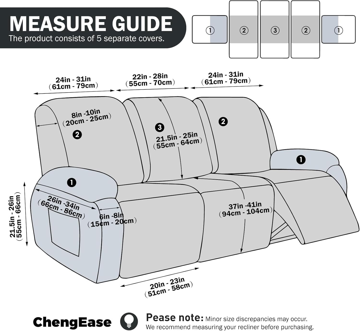 Stretch Recliner Sofa Cover - 5 Pieces Striped Pattern Slipcovers & Durable Furniture Protector for Reclining Couch, Ideal for Kids and Pets (3 Seater, Green)