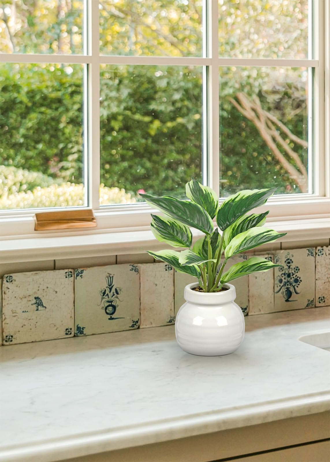 Arborus Small Artificial Plants Indoor in Ceramic Pot 11" Artificial Dieffenbachia Plants Fake Plant with White-Edged Leaf Faux Potted Desk Plants for Living Room Office Bathroom Home Decoration - Image 4