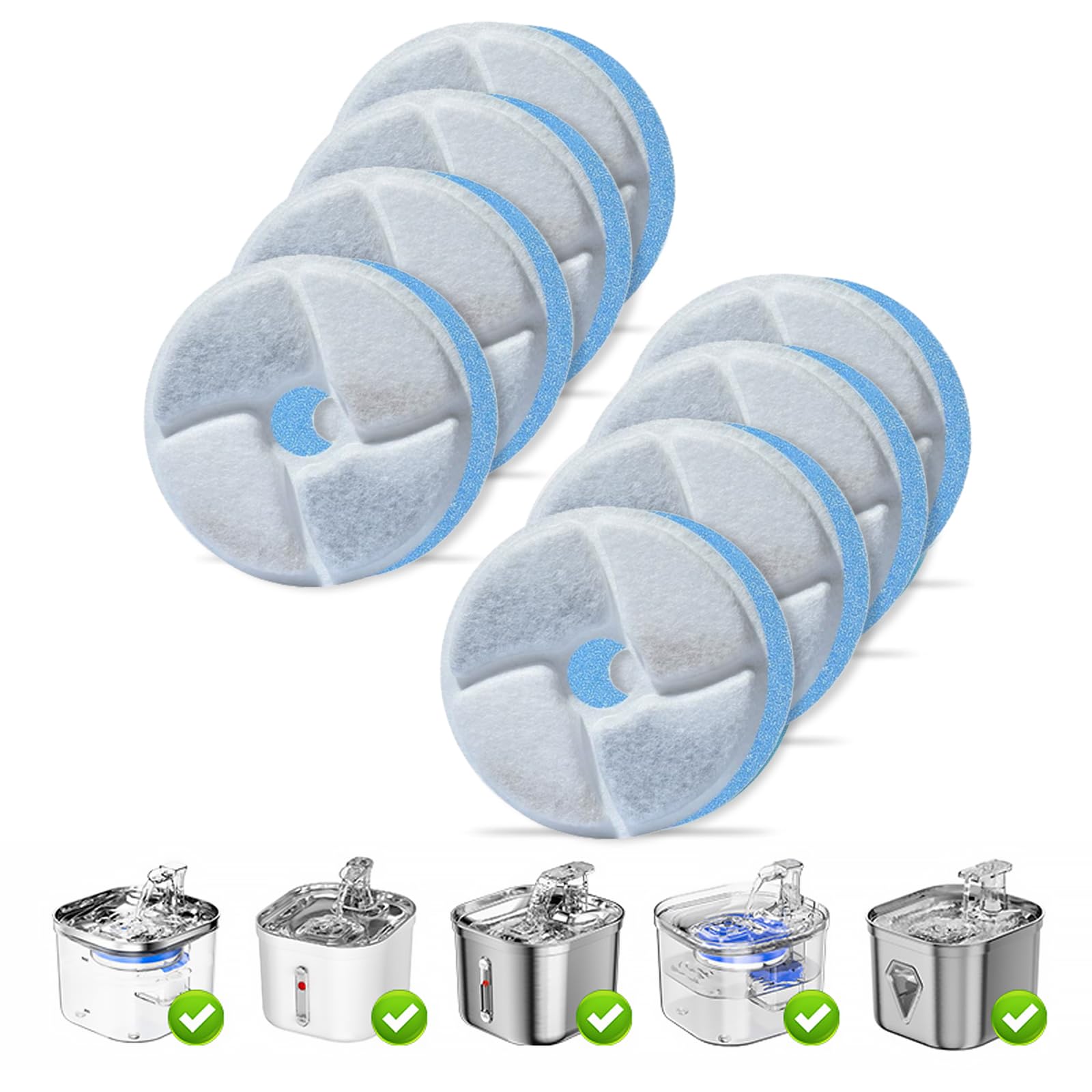 HARY 8Pcs Cat Water Fountain Filters Circular Double-Layer Pet Water Fountain Filters Element Replacement Activated Carbon Water Purification Filter Cartridge for WF160/040/120 Dispenser