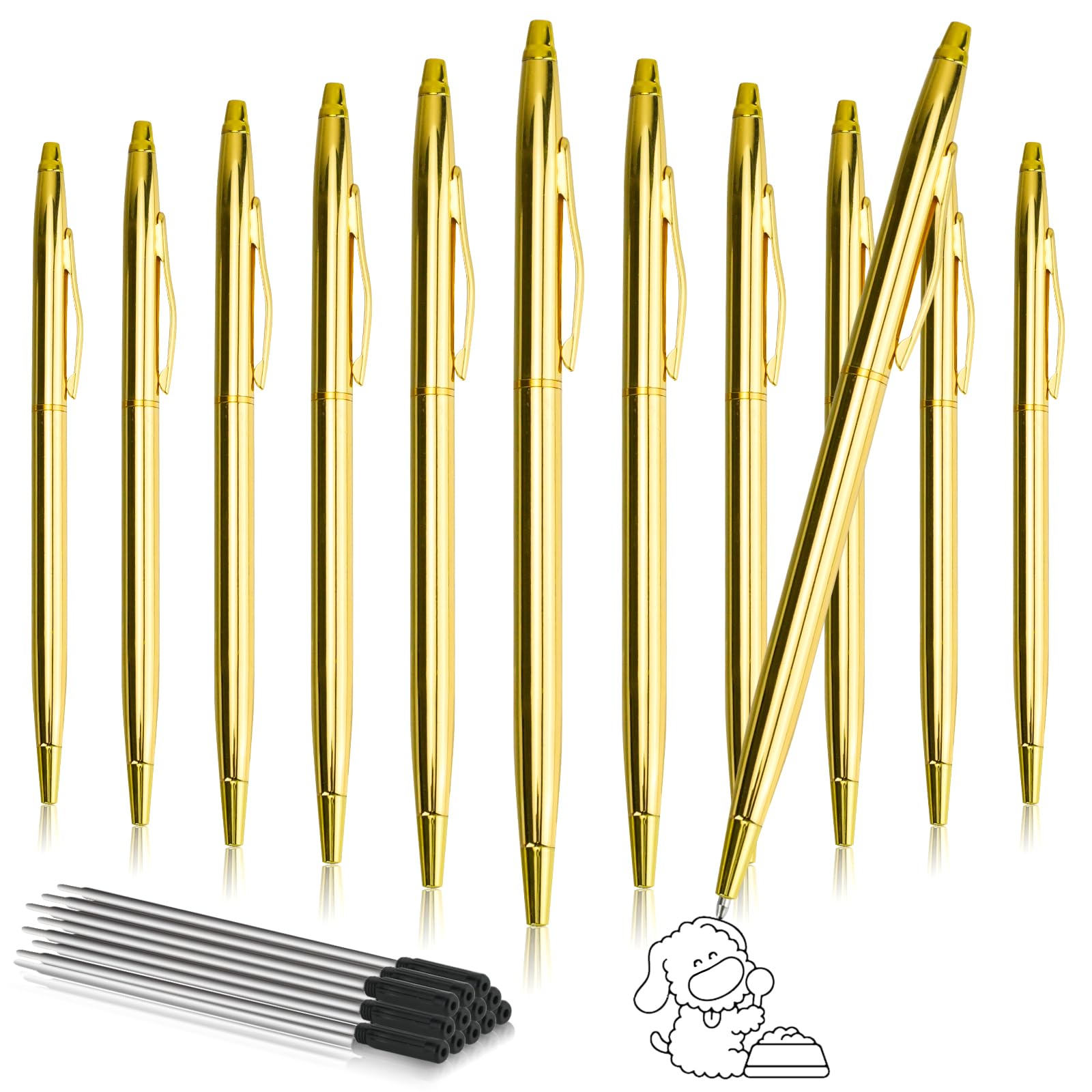 6 Gold Kugelschreiber Aus Edelstahl – Schwarze Tinte 1,0 Mm, Einziehbar, Schlank, Mit Clip, Für Business & Hochzeit