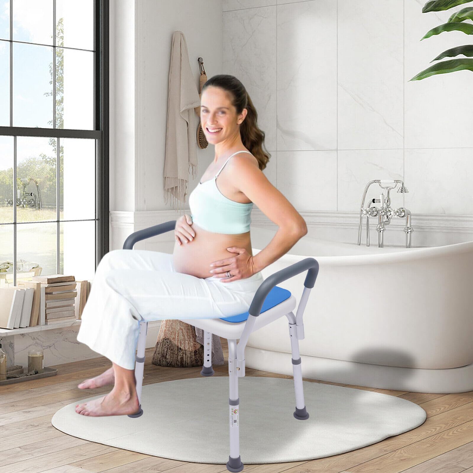 Taburete de baño con ayuda de ducha extraíble con reposabrazos, altura regulable, 150 kg, para personas mayores, embarazadas, discapacitados