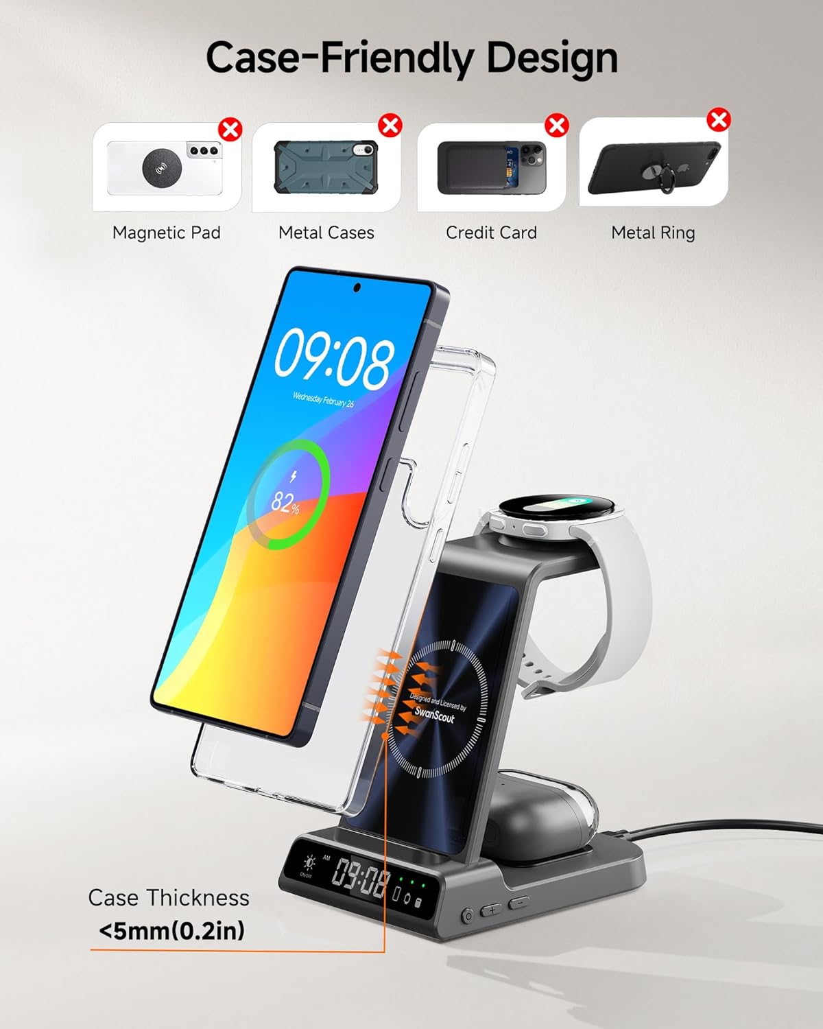 Wireless Charger for Samsung Devices, Wireless Charging Station for Galaxy S25 Ultra/S25+/S25/Z Flip7/Z Fold/S24 Ultra/S23/S22/S21, for Galaxy Watch 8/8 Classic/7/Ultra/6/5 Pro (Tech Grey)