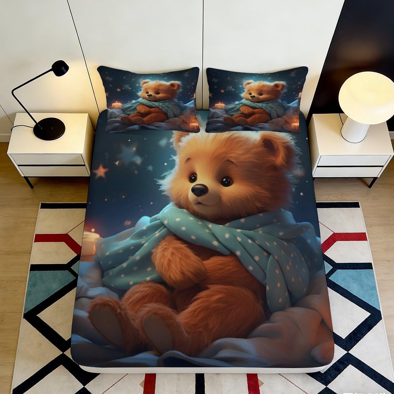 3D Printed Cozy Teddy Bear Fitted Sheet Microfiber Soft Non-Slip Cartoon Night Bed Cover for Bedroom Dorm Decor 90x200x25cm