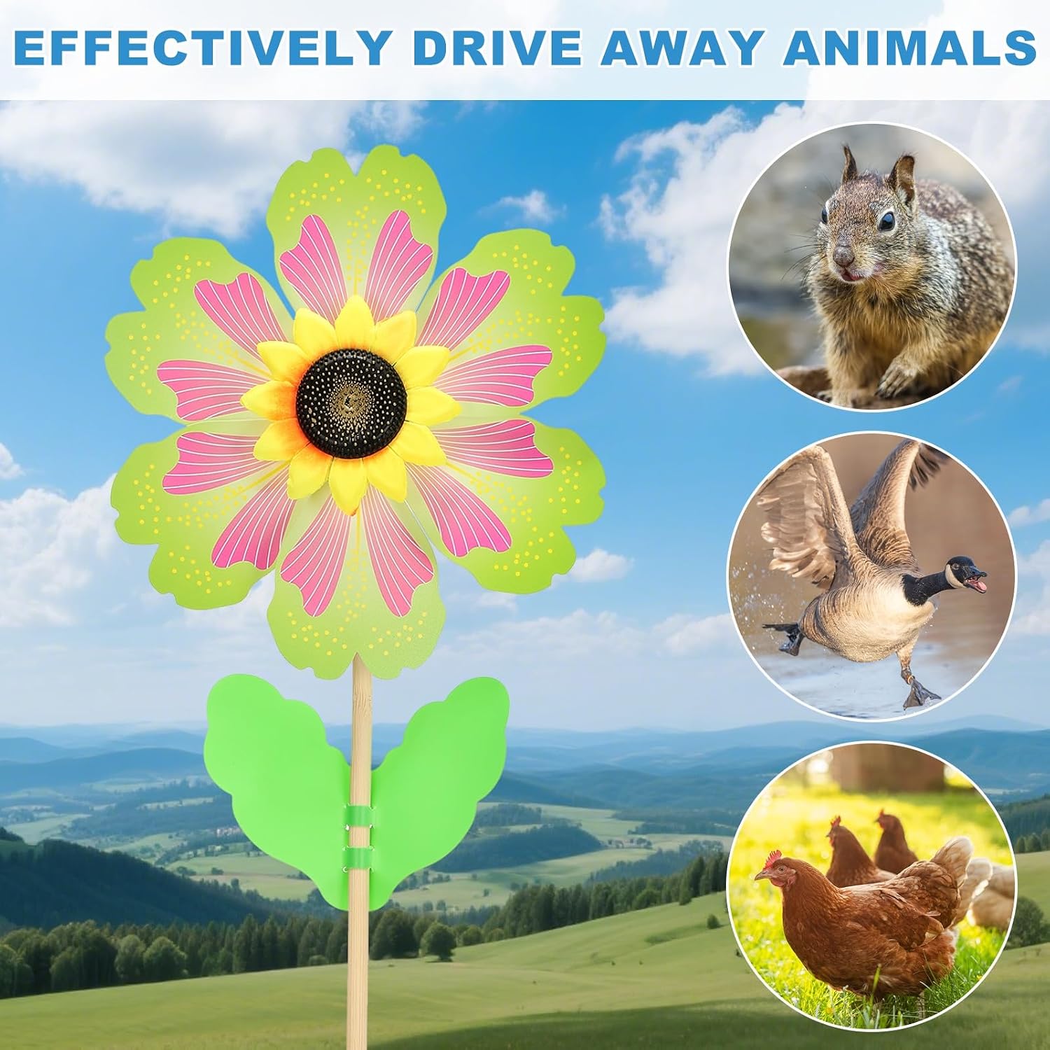 HARFINGTON Pinwheels 14.2" Wind Spinner Petals Sunflower Pinwheels 6 Leaves Wooden Windmill with Sunflower Wooden Sticks for Garden Yard Patio Lawn Outdoor Party Favors Gifts, Green/Pink