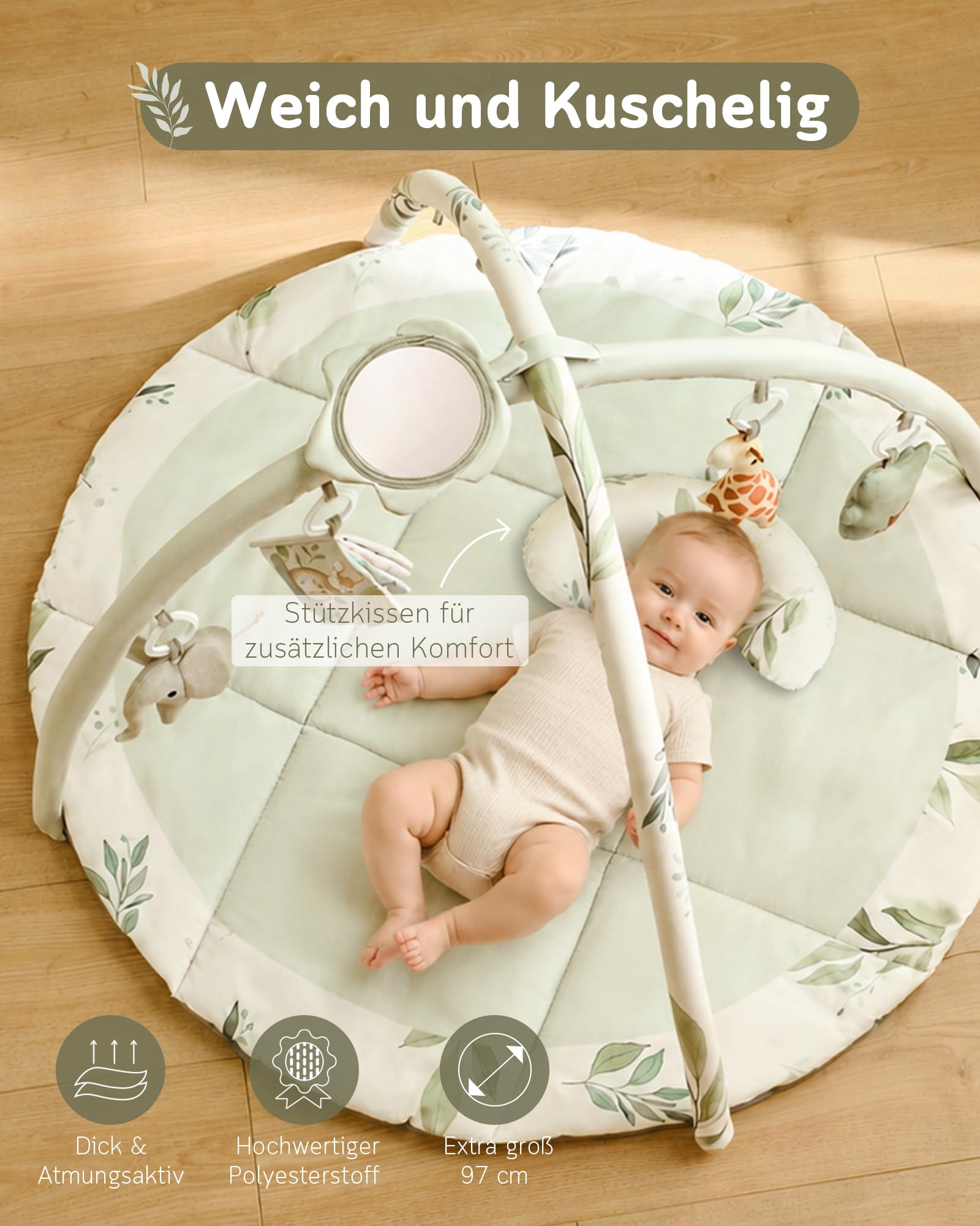 Fortella Spielbogen Baby, Spielmatte mit Bauchzeit Kissen und 5 Sensorik Spielzeug Abnehmbarem,Naturthemen Krabbeldecke für Babys ab der Geburt, Neugeborene & Kinder, 0-6-9-12 Monate-Salbeigrün