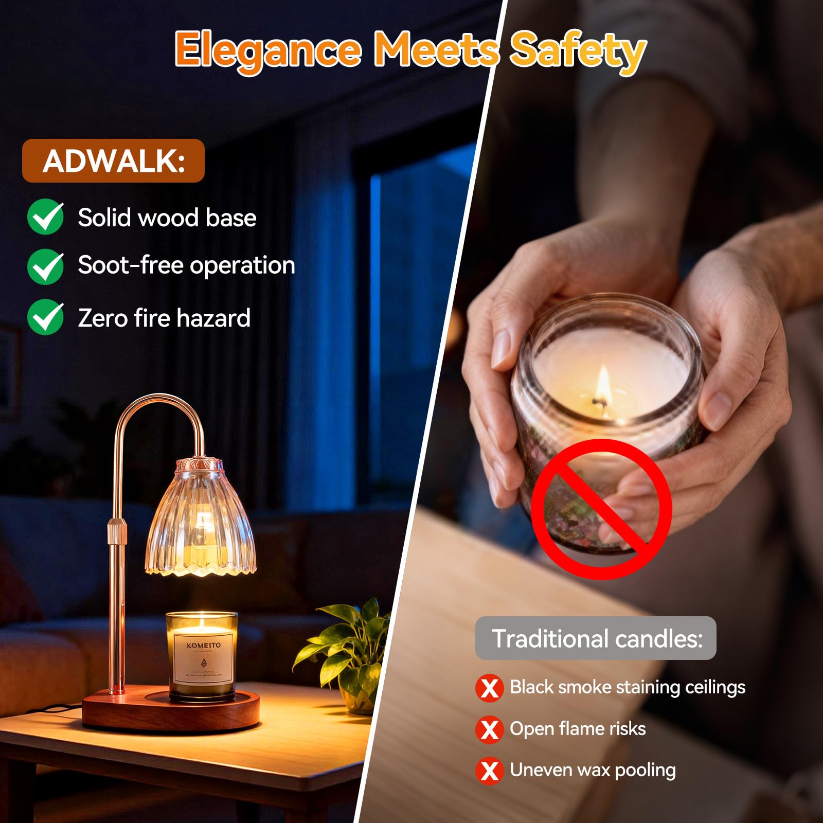 Adewalk Lámpara Calienta Velas con Temporizador y Regulador, Altura Ajustable 50W*2 Bombillas, Candle Warmer Lamp sin Llama para Velas en Tarro, Decoración y Regalos Navidad Cumpleaños，Marrón