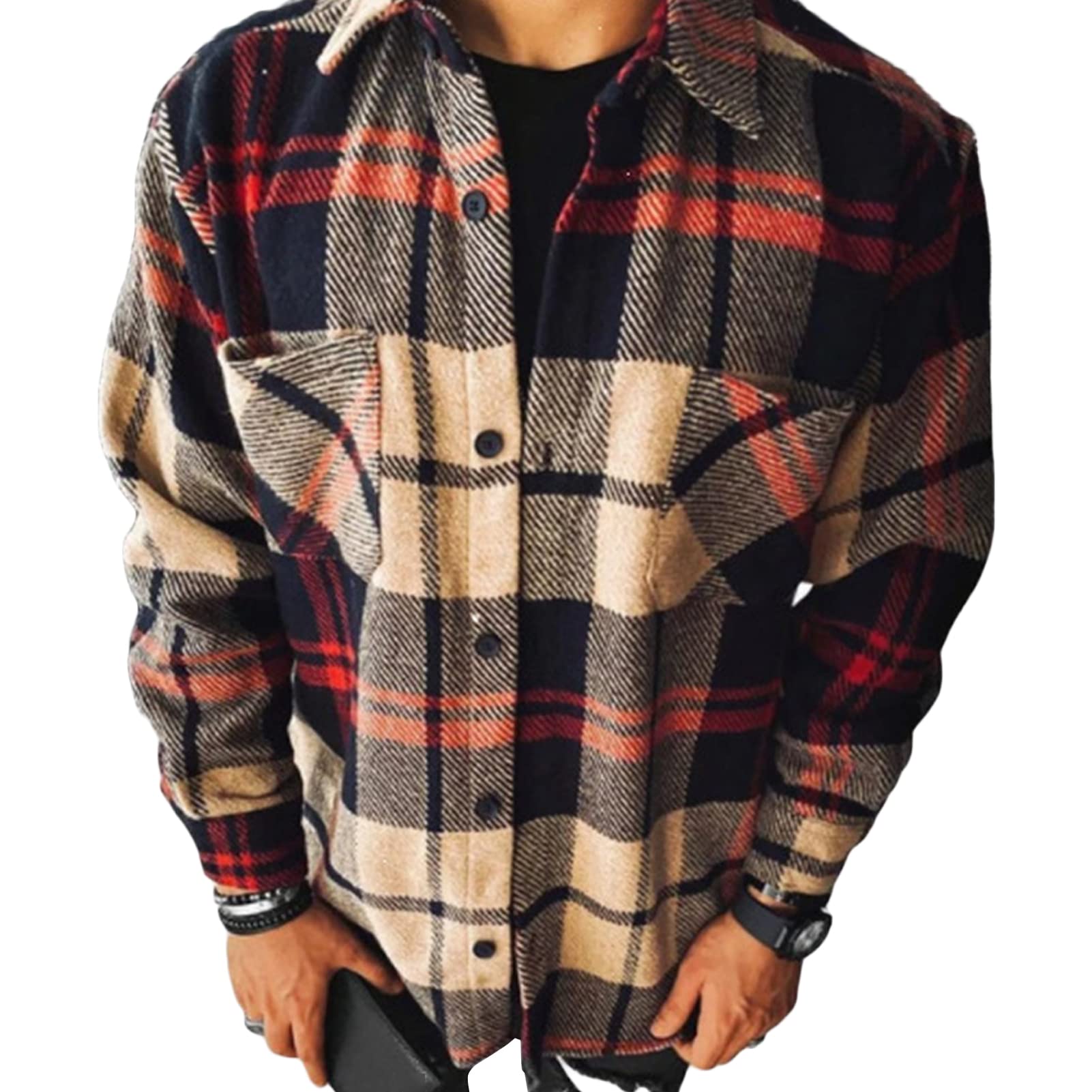 Maiyifu-GJ Men's Flannel Plaid Shirt Jackets Long Sleeve Checkered Button Down Shirts Regular Warm Outdoor Tops with Pocket (Red 1,XX-Large)