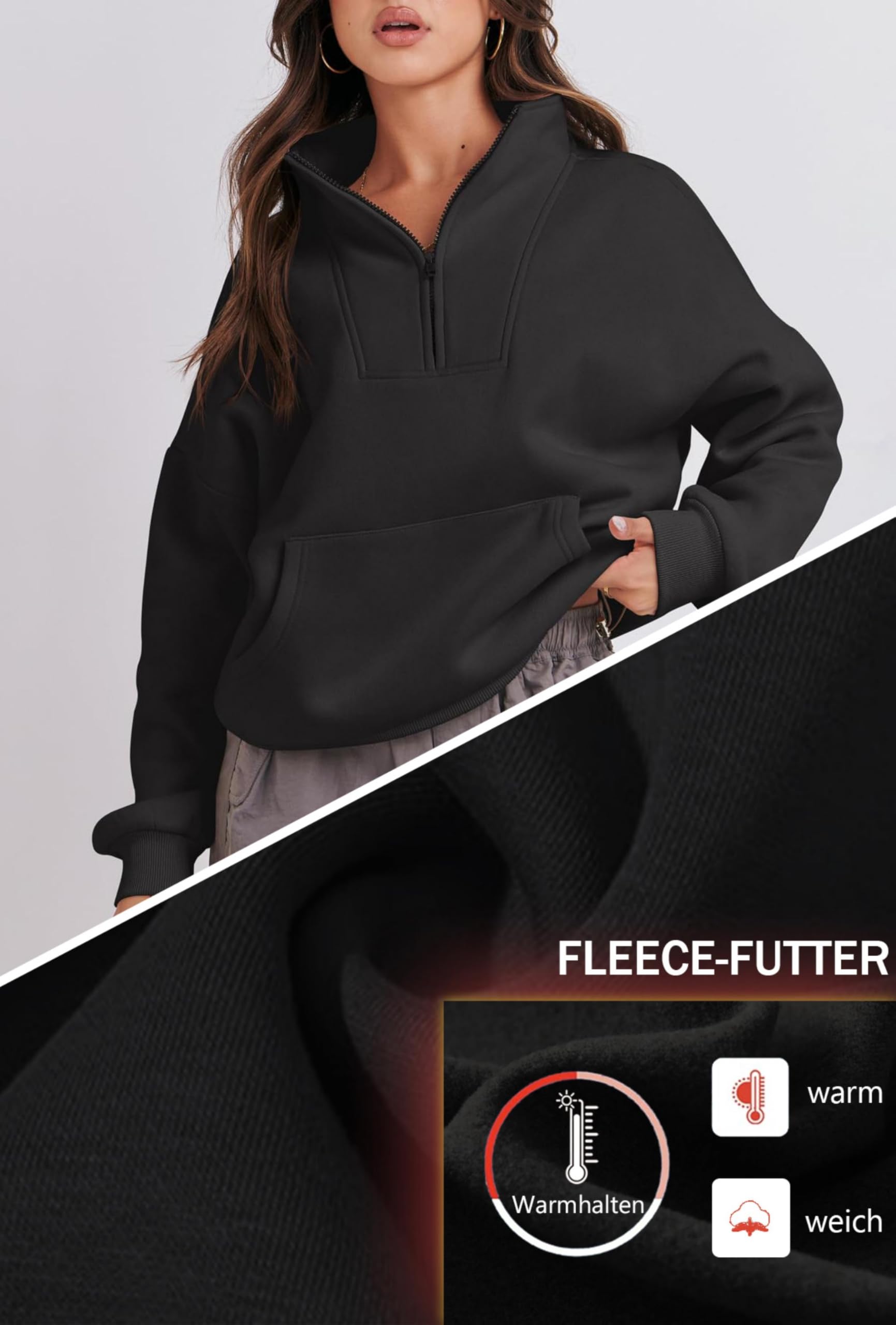 Jhsnjnr Pullover Damen Half Zip Sweatshirt Gefüttert Reissverschluss Fleecepullover Stehkragen Oversized Sweatjacke ohne Kapuze