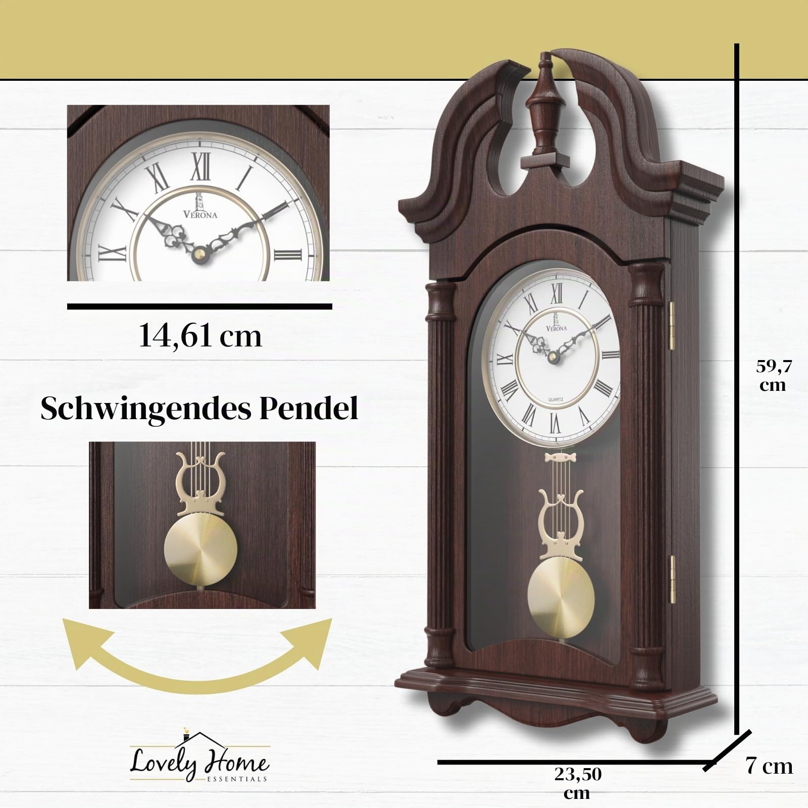 Pendel-Wanduhr, batteriebetrieben, hölzerne hängende Großvater-Wanduhr mit Pendel, 59,7 x 22,9 cm, leise, nicht klingelnd, mit Echtholz für Wohnzimmer-Dekor, Büro und Heimdekoration, Geschenk