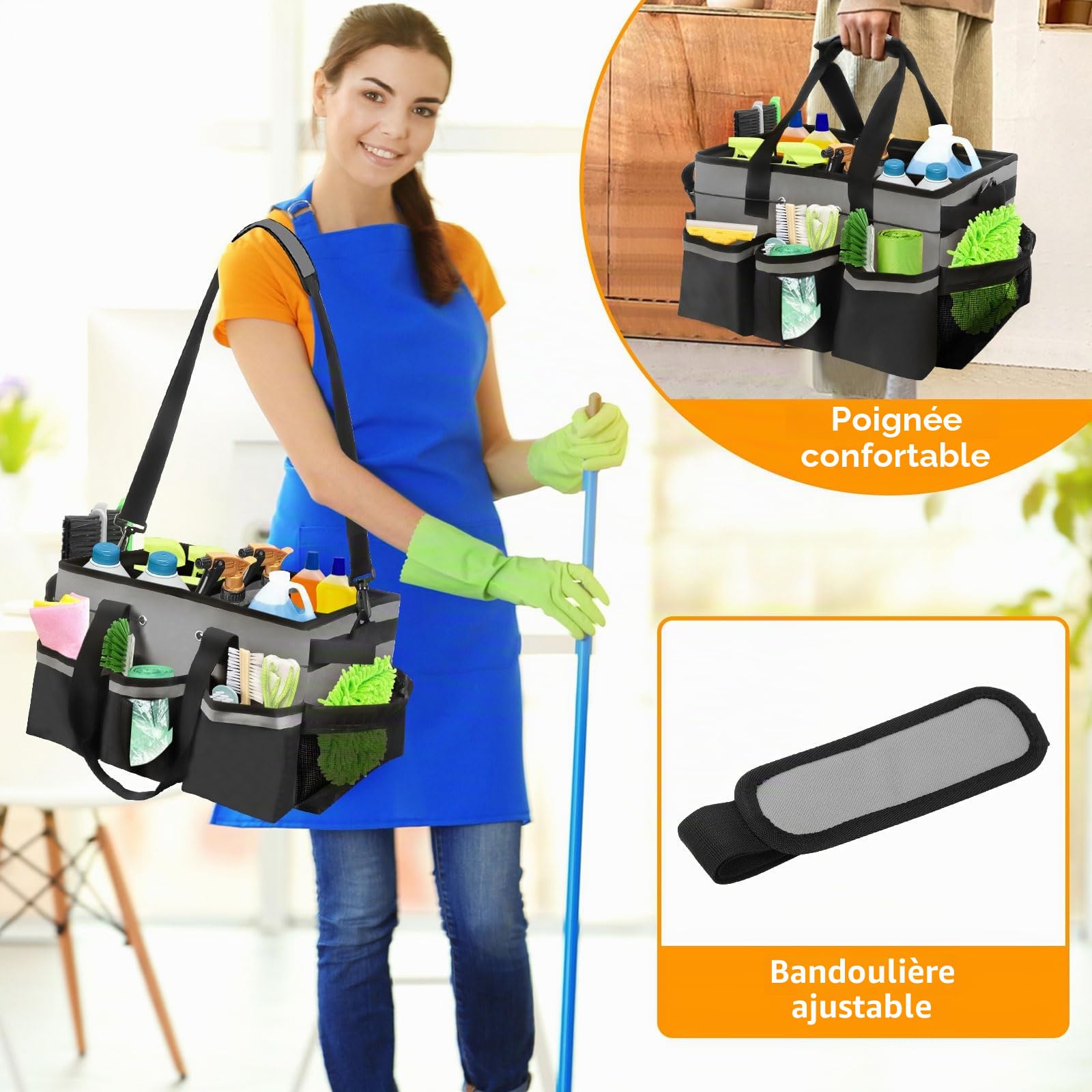 Panier de Nettoyage avec Poignée, Rangement Produits Menagers, Sac de Nettoyage Portable avec 5 Poches, Organiseur de Fournitures de Nettoyage avec Bandoulière Réglable, Pour La Maison La Voiture