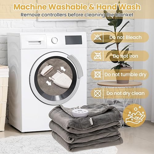 Miniatura 7 de WELLHUT Manta térmica eléctrica tamaño Queen de 84 x 90 pulgadas, doble control, 100% franela, 10 niveles de calefacción, apagado automático de 8