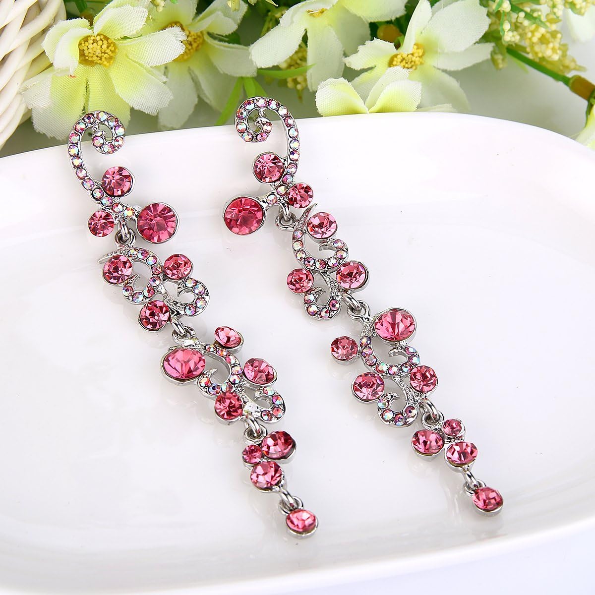 EVER FAITH Pink Earrings for Women Dangling Sparkly Rhinestone Crystal Vintage Floral Vine Long Drop Dangle Earrings Wedding Party Jewellery for Brides Bridal - Image 4