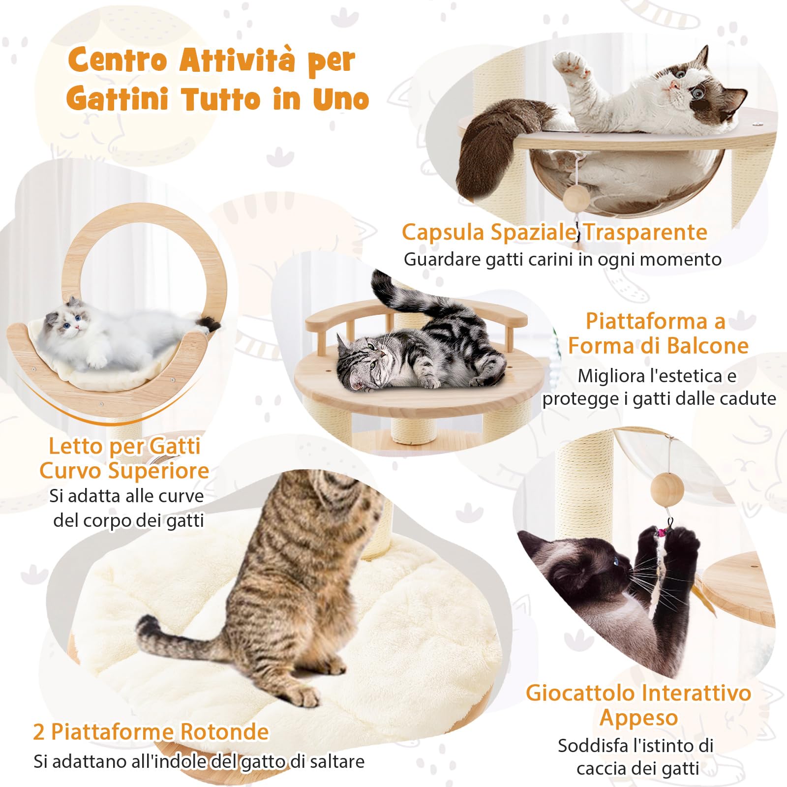 COSTWAY Tiragraffi per Gatti 4-in-1 con Capsula Spaziale e Legno di Quercia