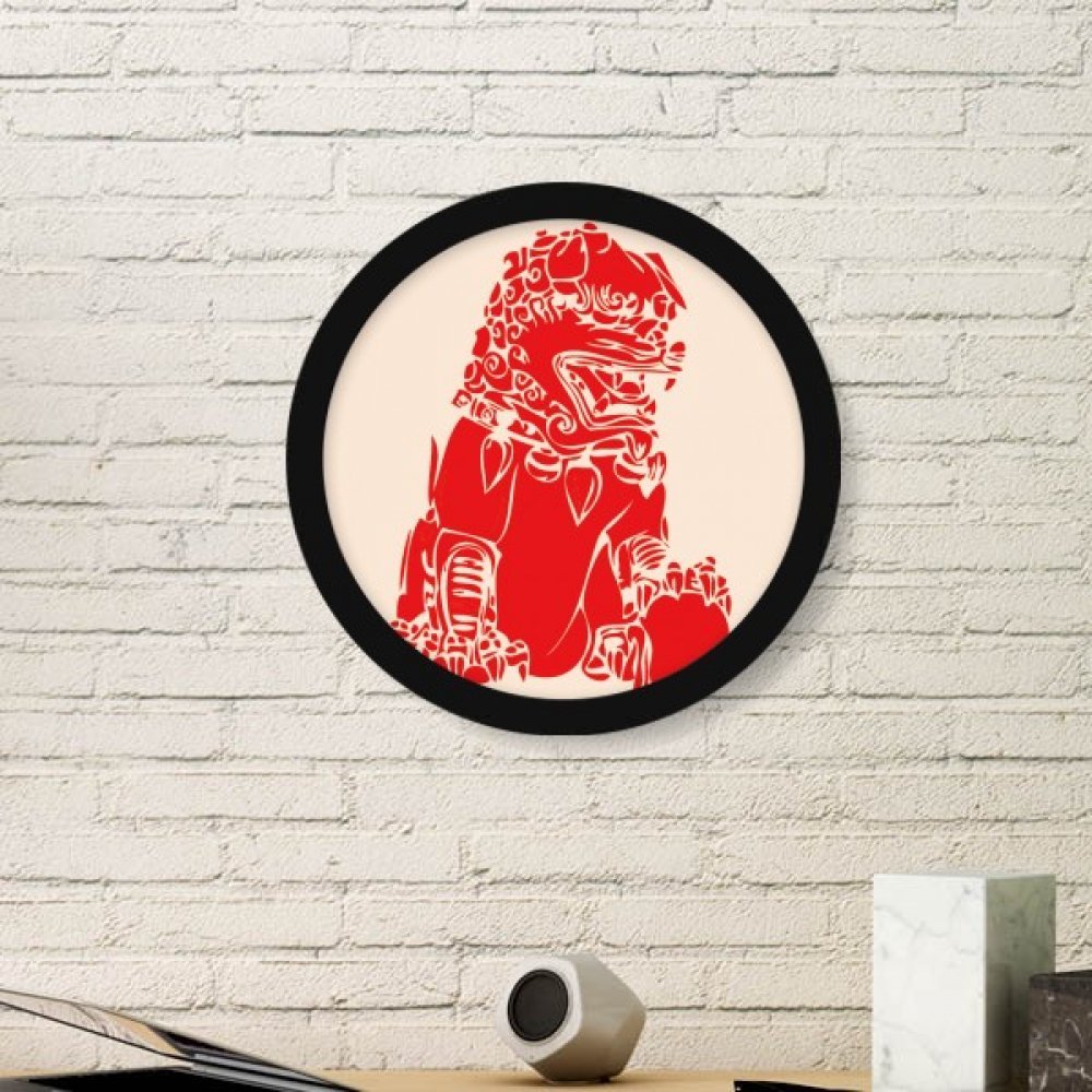 Cadre photo bois noir rond peinture lion rouge de Chine pour mur vide terne