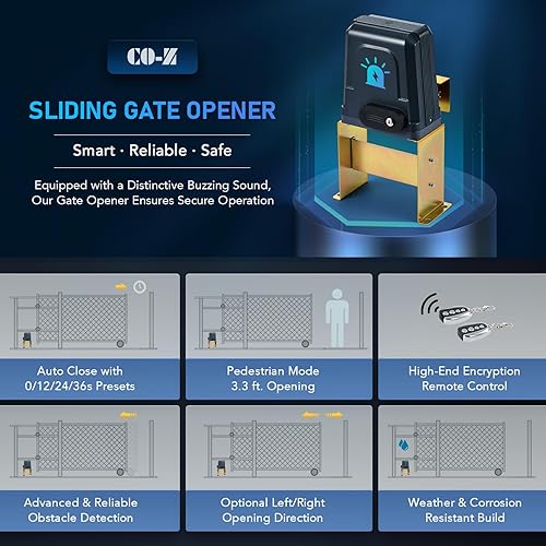 Miniatura 3 de CO-Z Abridor de puerta mejorado de 1400 libras con sistema de alarma, abridor deslizante automático para puertas de hasta 40 pies, motor eléctrico