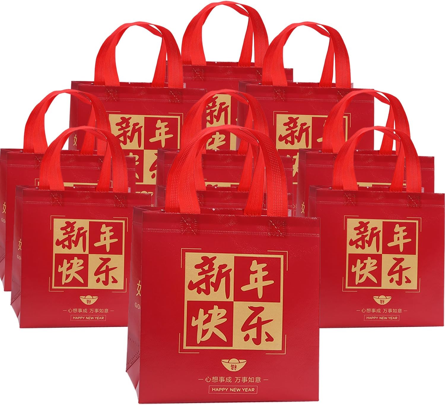 10Pcs Red Gold Chinese New Year Gift Bags Goodie FU Bags with Handles for Spring Festival Lunar New Year Chinese Festival Party Supplies