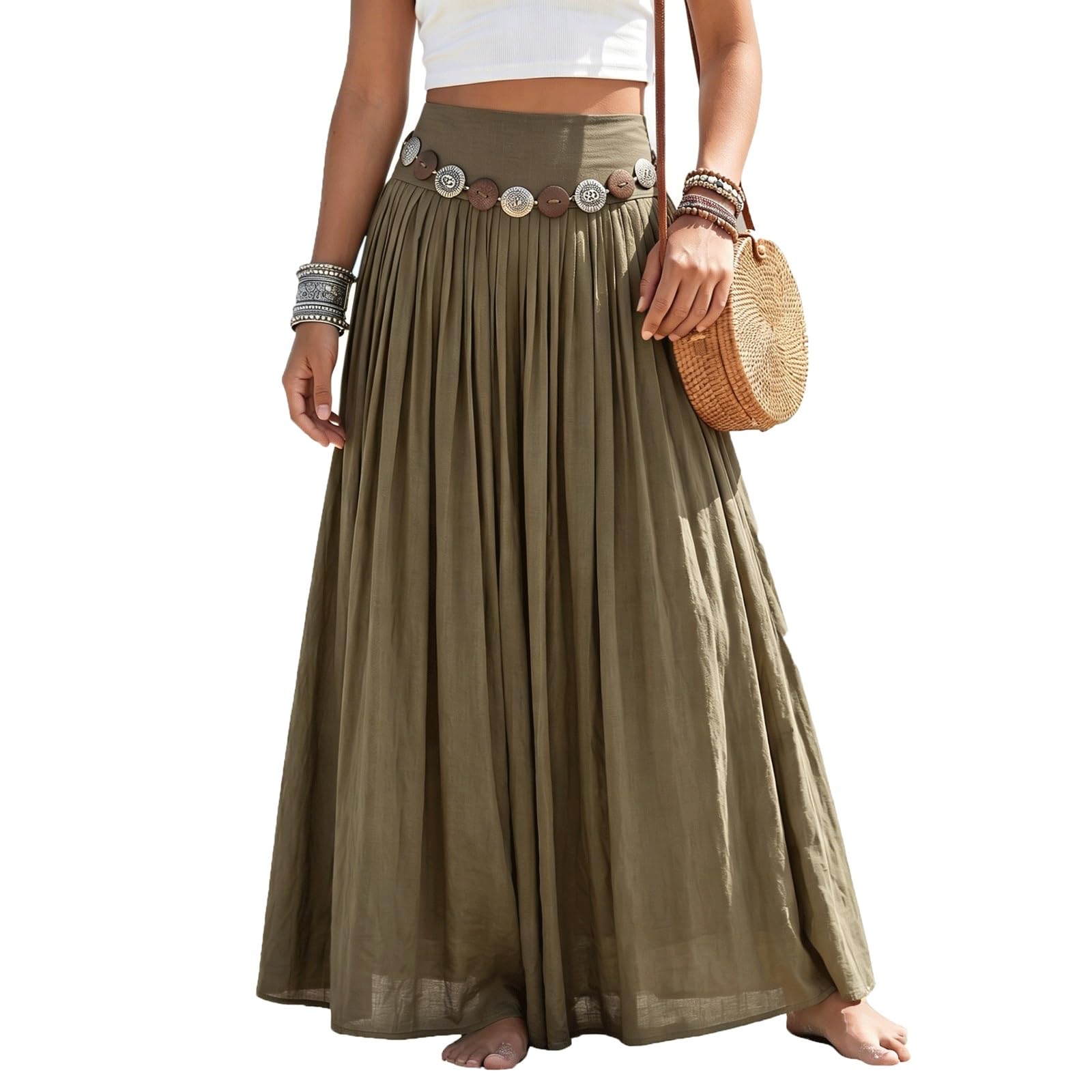 UYHBCNQD Retro Midi Long Skirt Solid Color Women's Maxi Skirts with Waist Chain(Dark Khaki,Lagre)