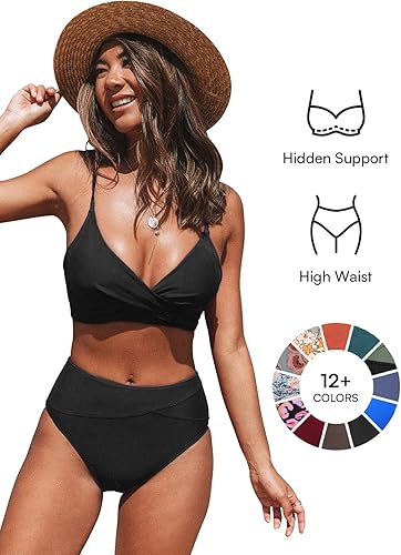 Miniatura 3 de CUPSHE Conjunto de bikini de dos piezas para mujer, traje de baño de cintura alta, cuello en V, nudo frontal, tirantes delgados ajustables