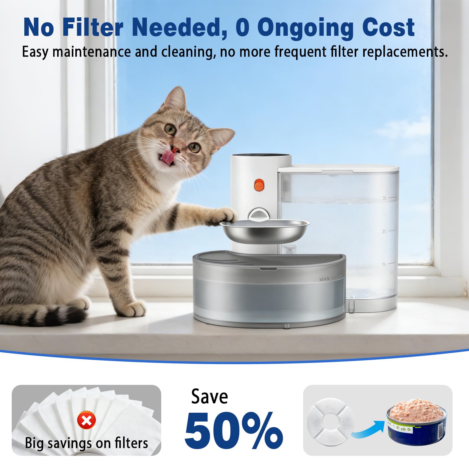 3.8L Fuente para Gatos sin Cable:,Bebedero automatico Gatos Sin Filtro e Inalámbrica con Batería 2000mAh Sistema de Separación de Agua Usada Cuenco de Acero Inoxidable Blanco