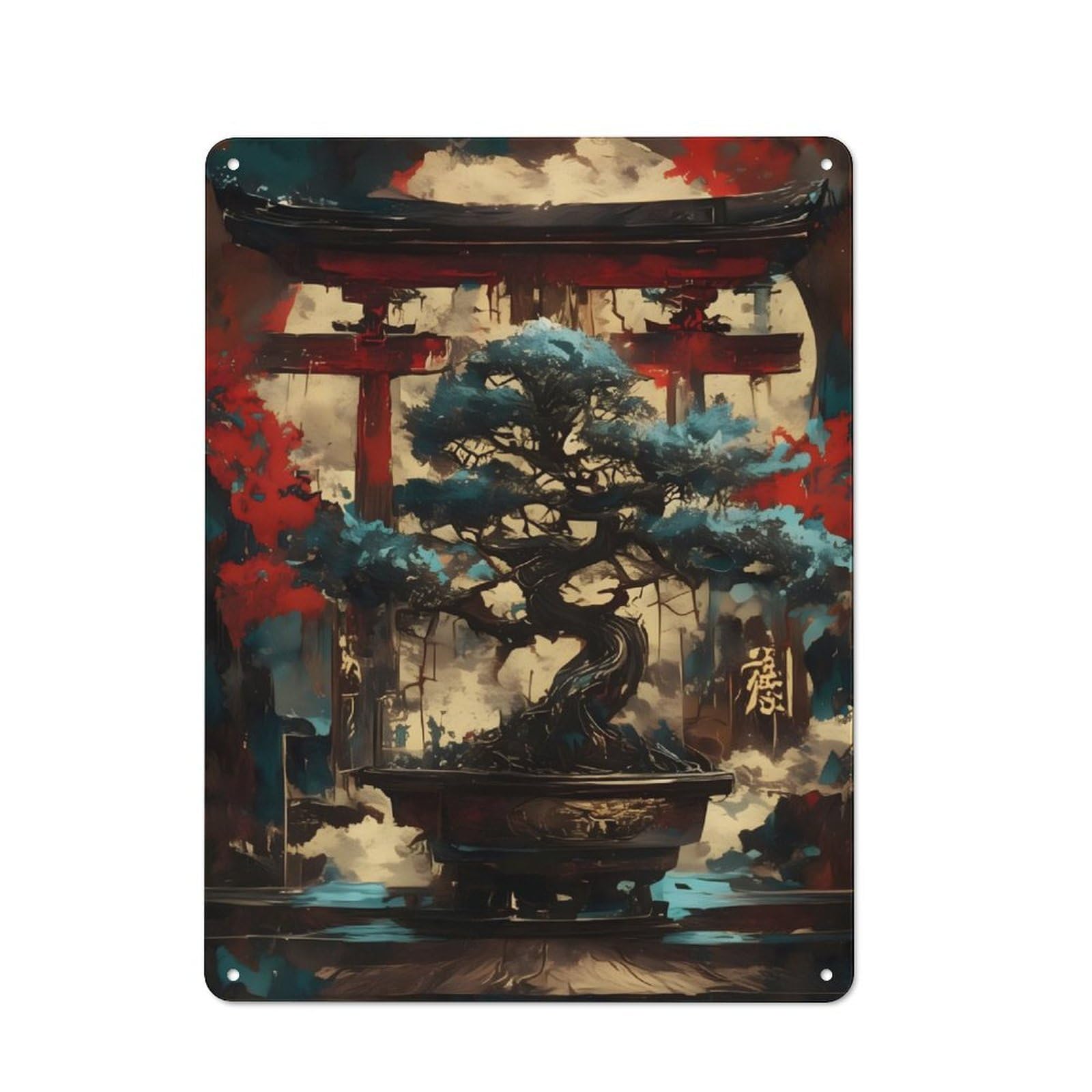 Junmoney Bonsai Tree And Torii Gate For Lounge Or Reading Corner, Rustic Tin Sign 40X30cm, For Home Interiors, Feature Walls And Decorative Displays
