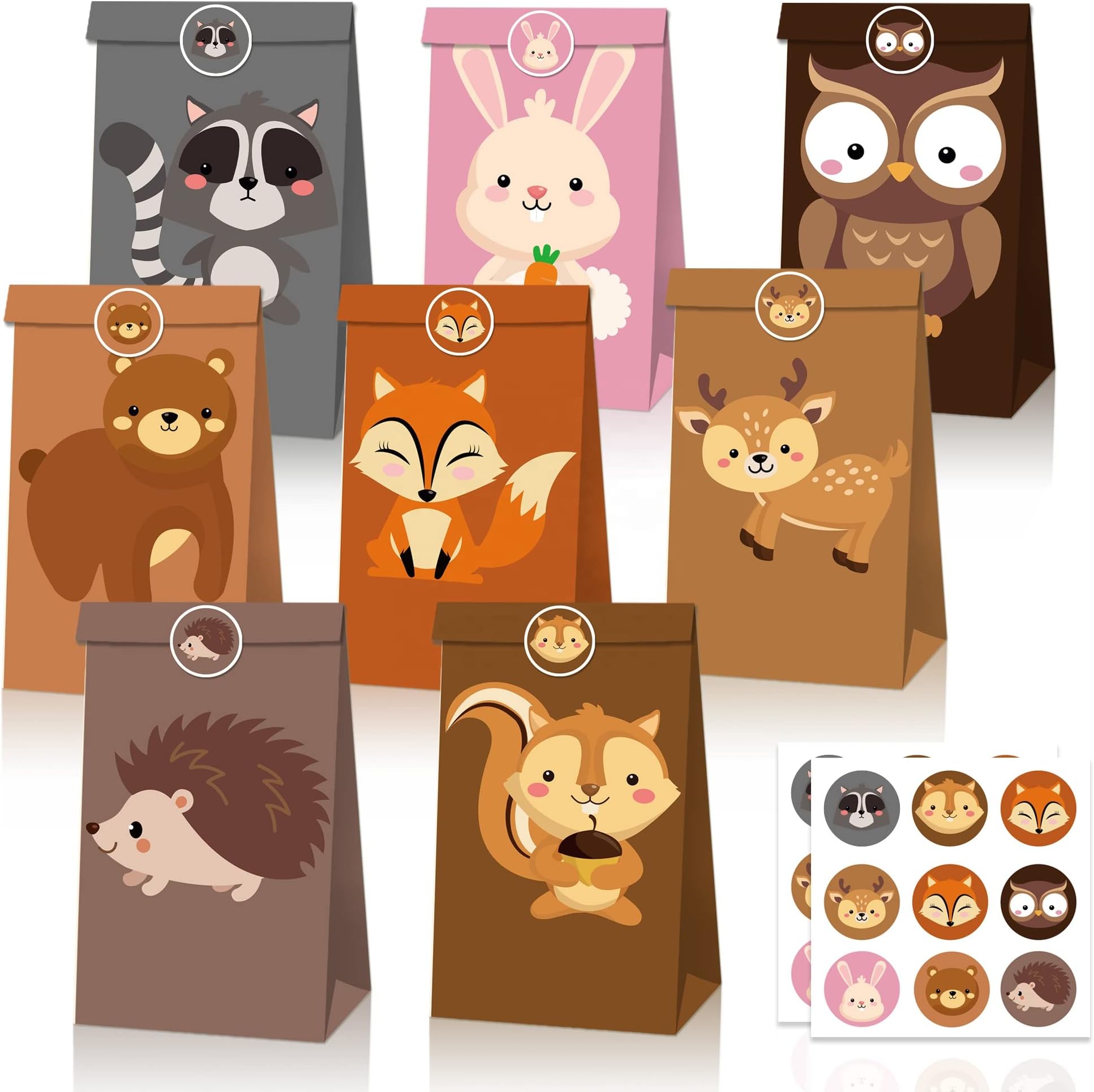 AM ANNA 24 Pack Animal Goodie Bags for Kids Paper Bags with Stickers Candy Treat Bag Kraft Paper Gift Bag for Birthday Safari Animals Jungle Zoo Theme Party (24 Pack Animal Goodie Bags)