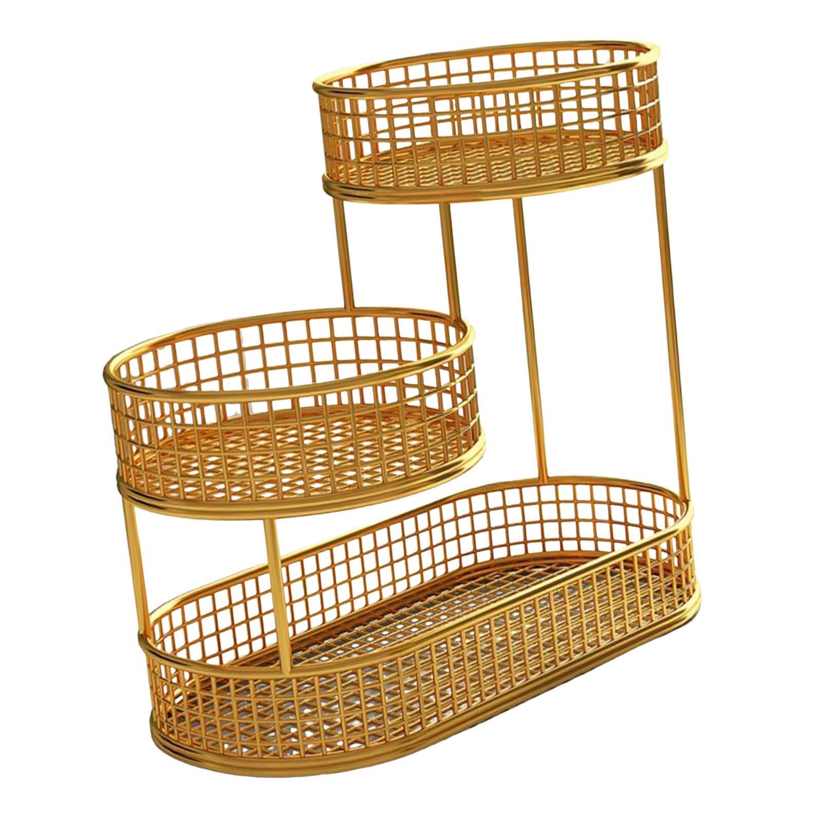 TWISAXC Multi Tier Iron Wire Snacks Serving Tray Plate Fruit Basket for Creative For Storing Fresh Fruits And Vegetables On Countertop Vegetable Bread Holder Stand For Kitchen, gold, 32x32cm