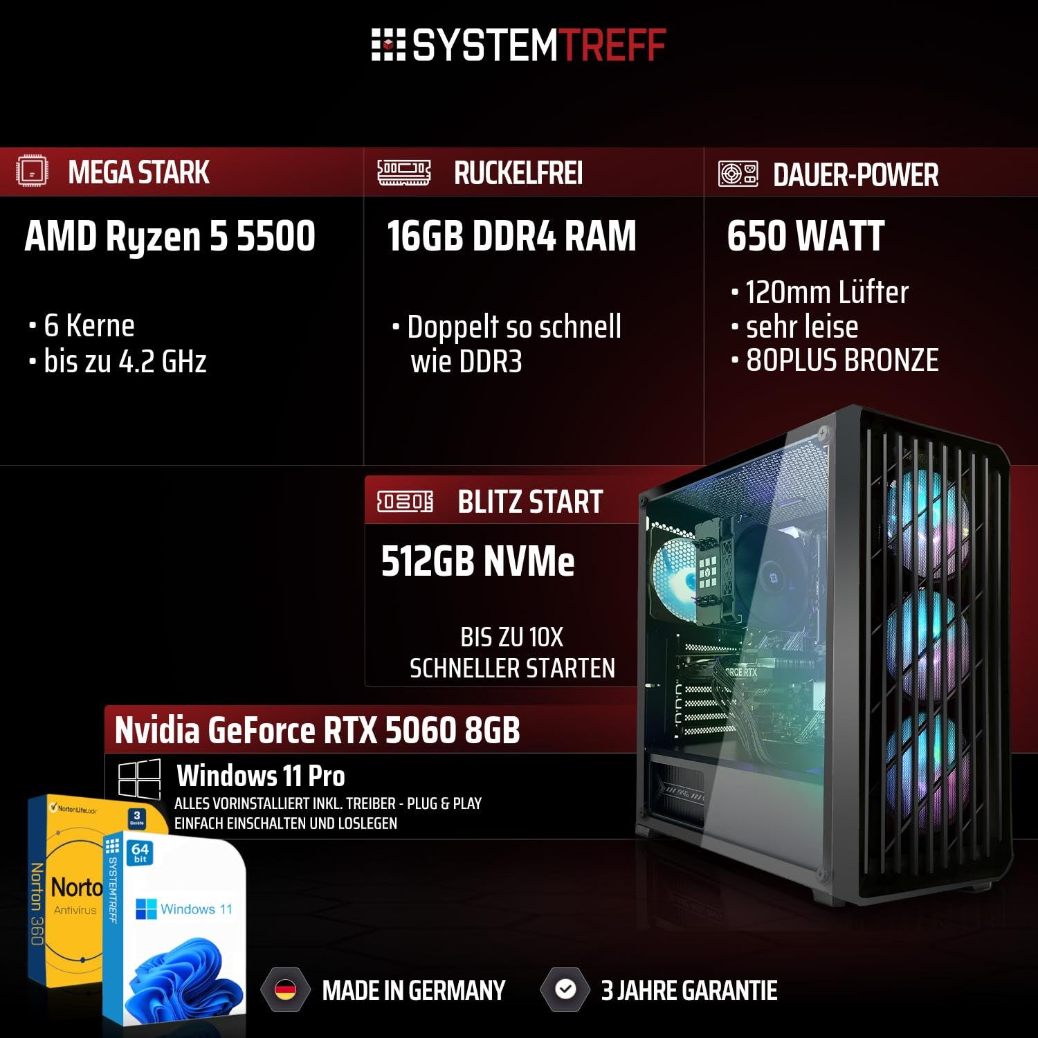 SYSTEMTREFF Gaming PC - AMD Ryzen 5 5500 - RTX 5060 8GB | AMD 6-Kern CPU bis 4.2 GHz, 16GB DDR4, 512GB M.2 NVMe SSD, Nvidia Grafik WLAN, Windows 11, für Gaming, Streaming