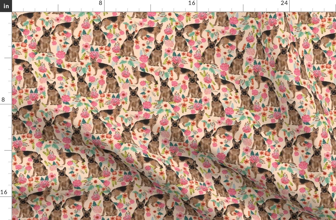 Spoonflower Fabric - German Shepherd Florals Cute Peach Vintage Painted Flowers Dogs Pet Printed on Organic Cotton Sateen Fabric by The Yard - Sewing Quilting Apparel Home Decor