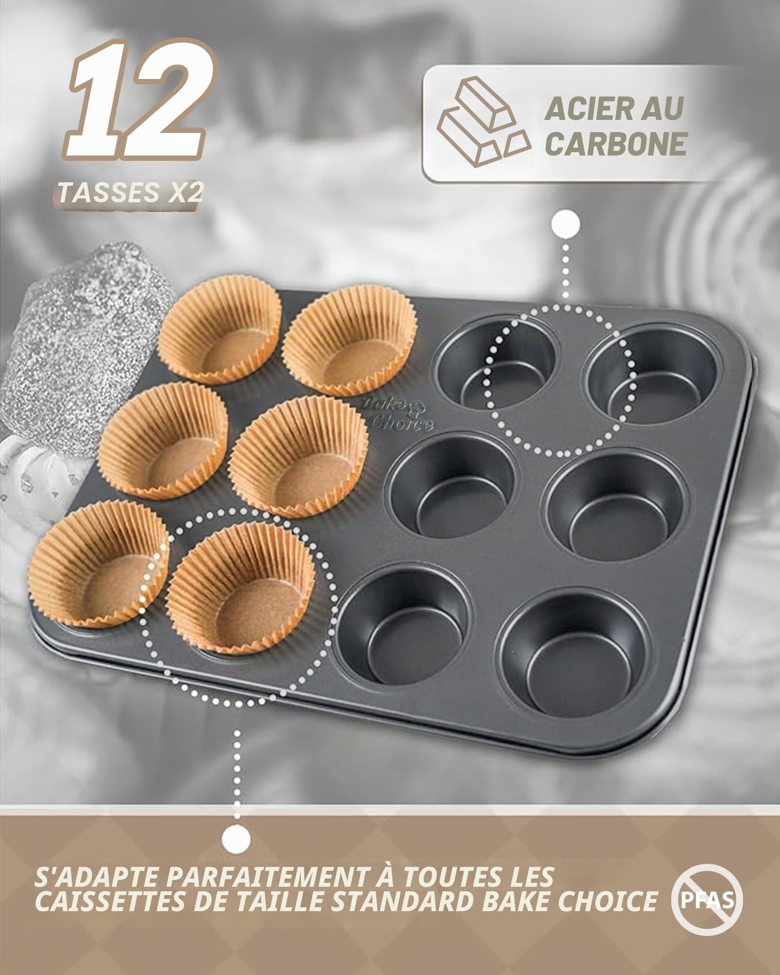 Bake Choice 2 Pièces Standard Moule a Muffin 12 Avec 100 Pièces Caissette Muffins Papier, Moule à Muffins Carbone, Anti-Adhésif,Le Diamètre de la Base de la Tasse est de 5 cm