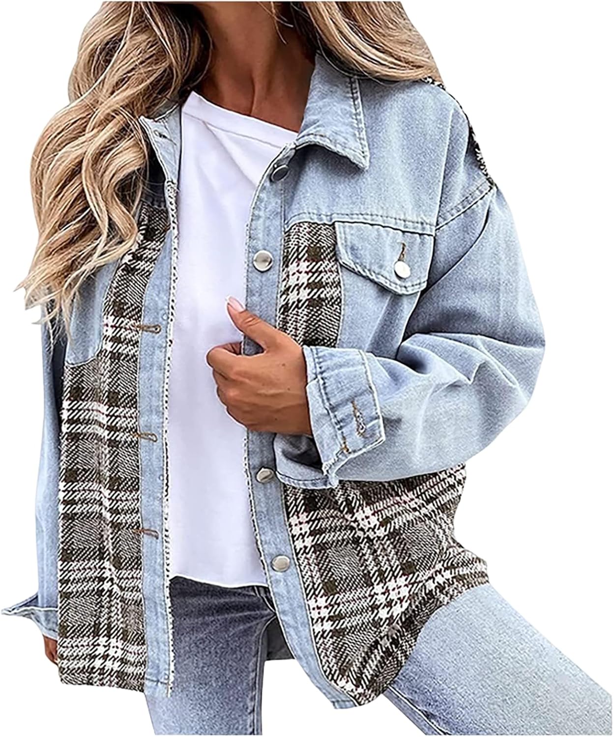 Jean Jacket Women Plaid Shacket Jacket Oversized Denim Jacket Long Sleeve Button Down Shirts Fall Jacket with Pocket