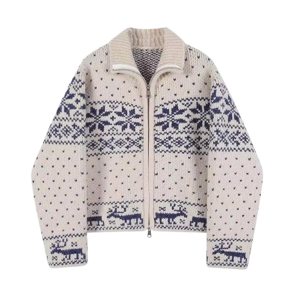 Ladies Jacquard Knitted high-Neck Double-Zipper Cardigan Sweater Coat