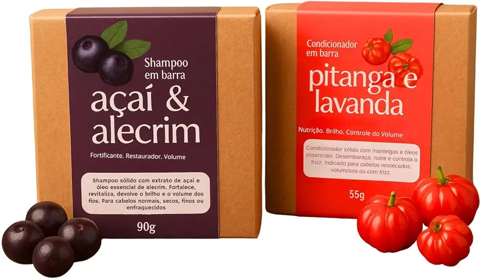 Kit Shampoo Açaí Fortificante e Condicionador Pitanga em Barra 100% Natural - Revitaliza, Nutrição e Brilho Capilar