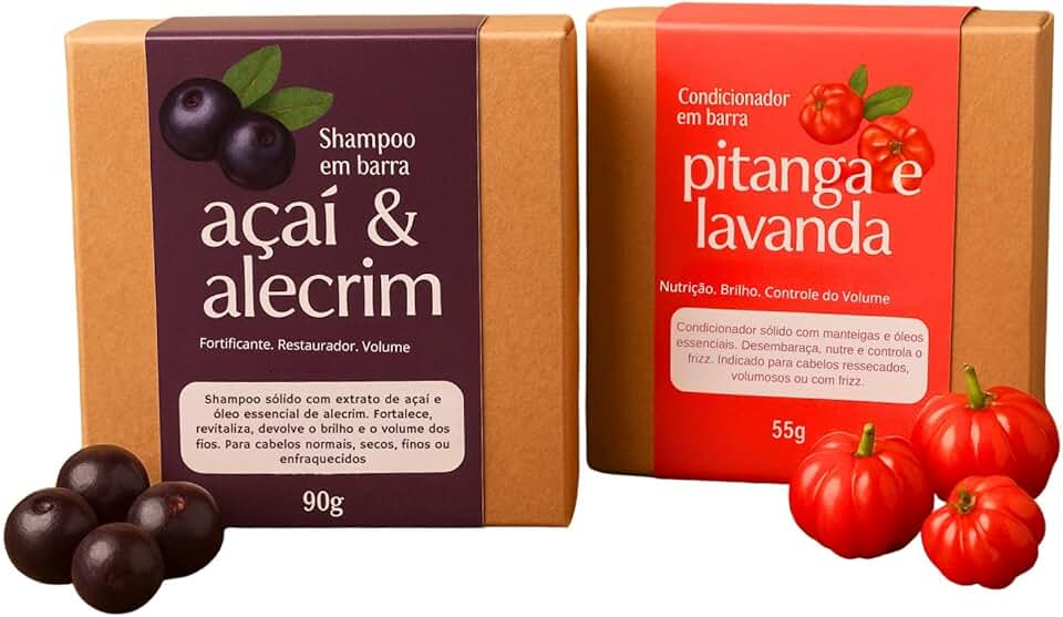 Kit Shampoo Açaí Fortificante e Condicionador Pitanga em Barra 100% Natural - Revitaliza, Nutrição e Brilho Capilar