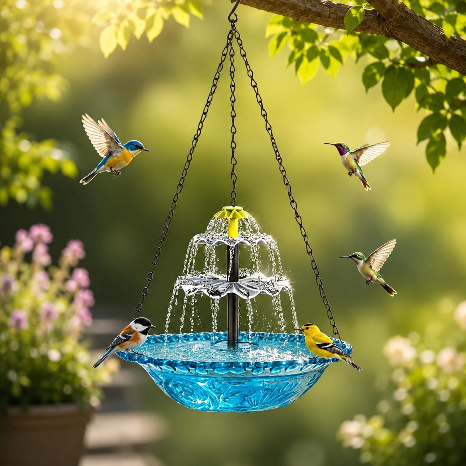 Bain d'oiseaux solaire avec fontaine, fontaine à oiseaux, pour jardin, balcon, bain d'oiseaux, suspendu avec chaînes en métal, jeu d'eau d'extérieur pour oiseaux (bleu)