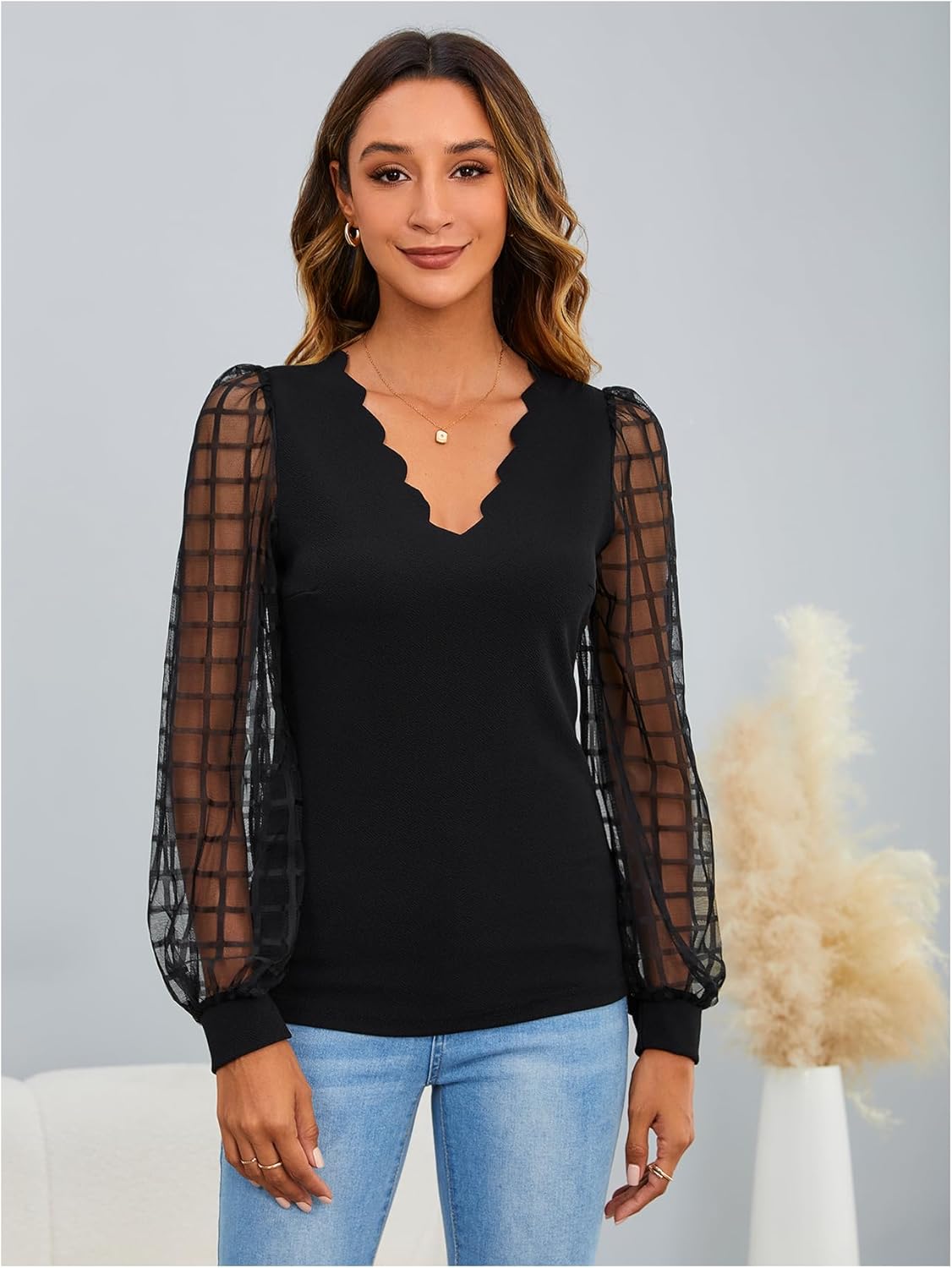 MakeMeChic Women's Sheer Mesh Puff Long Sleeve Shirts Going Out Tops Dressy Casual Work Blouse - Image 5