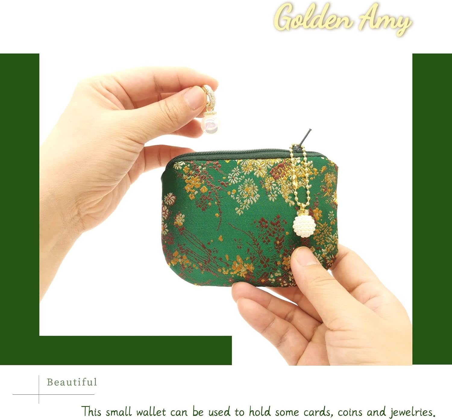 Handmade Jewelry Pouch Women Coin Purse Brocade Zipper Wallet Silk Makeup Bag - SEAGREEN image 4