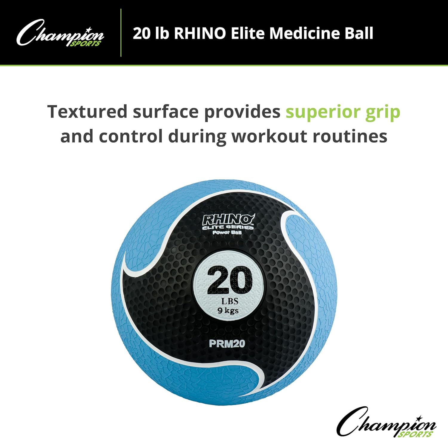 Champion Sports Rhino Elite Medicine Ball – Textured Surface, Superior Grip, Hollow Synthetic Rubber for Consistent Bounce & Durability, Multiple Weights & Colors - Optional Rebounder Sold Separately