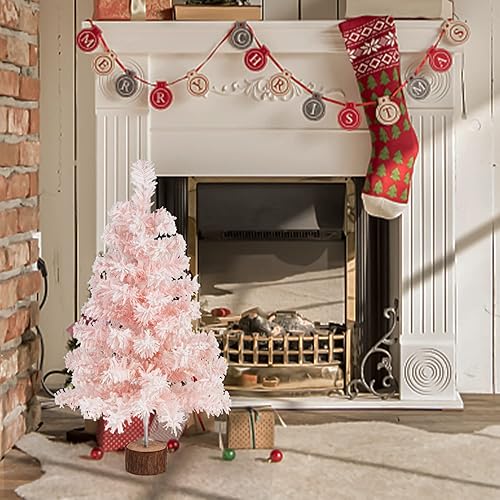 Miniatura 6 de CCINEE Árbol de Navidad artificial rosa, mini árbol de Navidad rosa de 2 pies con escarcha de nieve flocada y soporte de plástico para porche, mesa