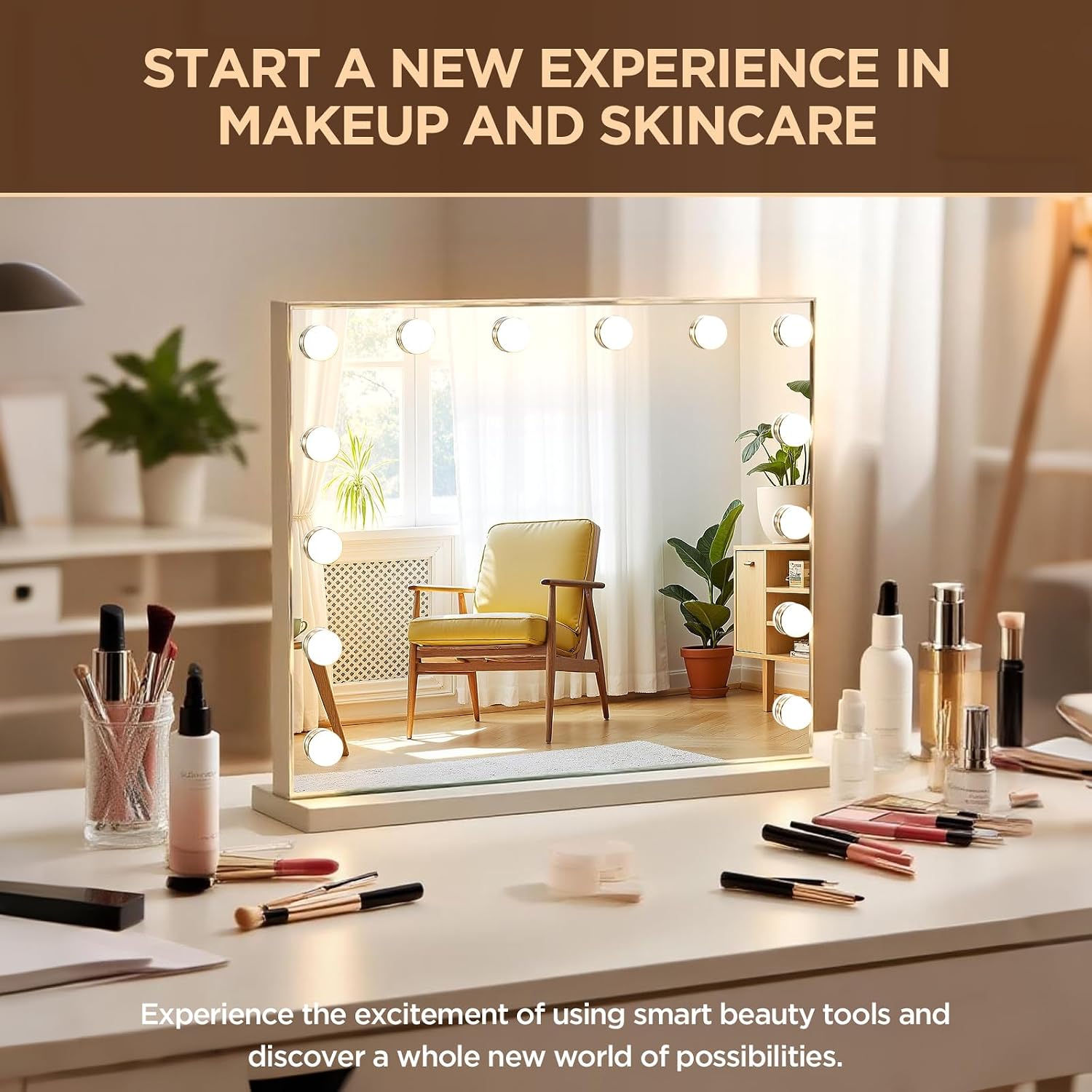 Hollywood Vanity Mirror with Lights, 50×42cm Lighted Makeup Mirror for Tabletop/Wall Mounted with 14 Led Dimmable Bulbs, USB Cable, Touchscreen Control for Bedroom & Dressing Room