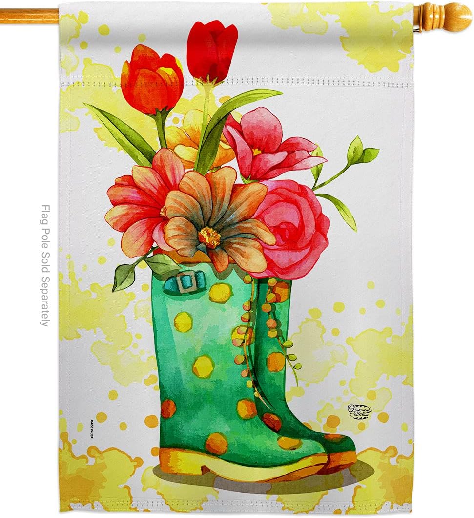 Spring Boots House Flag Garden Floral Sunflower Tulip Rose Orchid Lilies Season Springtime Flower Wreath Small Decorative Gift Yard Banner Double-Sided Made In USA 28 X 40