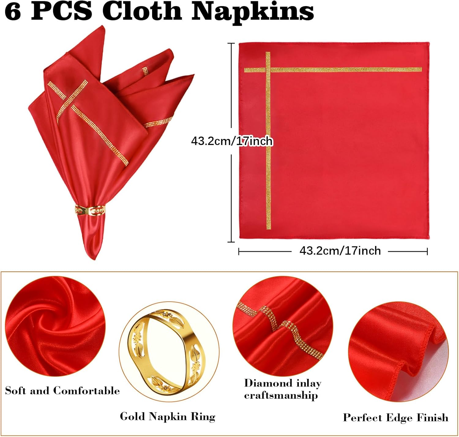 VIJIV Satin Cloth Napkins & Gold Napkin Rings Set of 6, 12Pcs 17"x17"Washable Fabric Napkins with Rhinestone Trim, Decorative Table Linens for Wedding Reception, Birthday Party, Dinner Table Décor