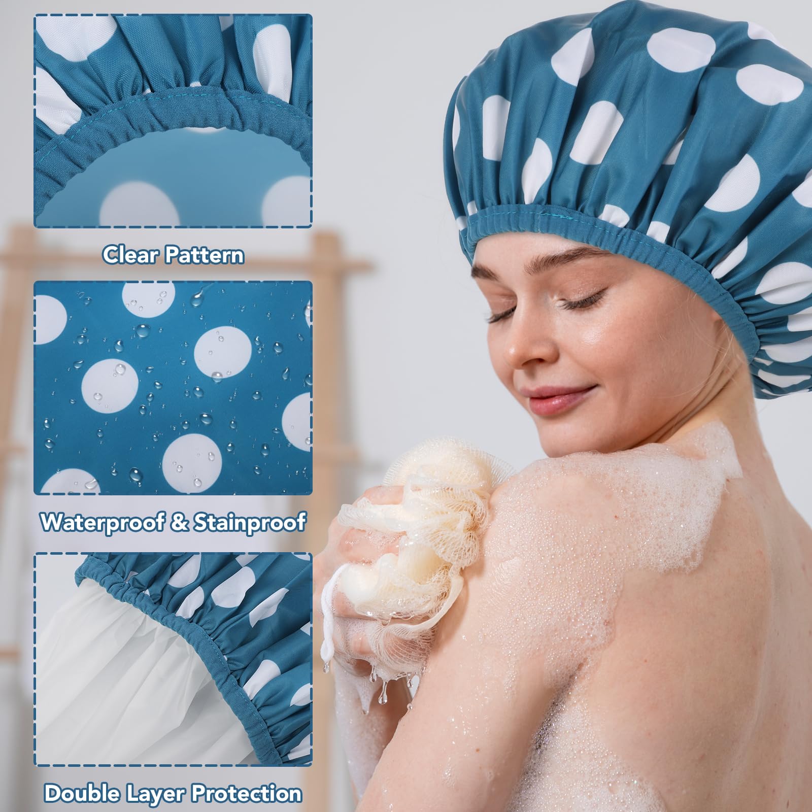 Paquete de 2 gorros de ducha grandes para mujer, reutilizables, impermeables, con coleteros para cabello largo y grueso (azul/verde)