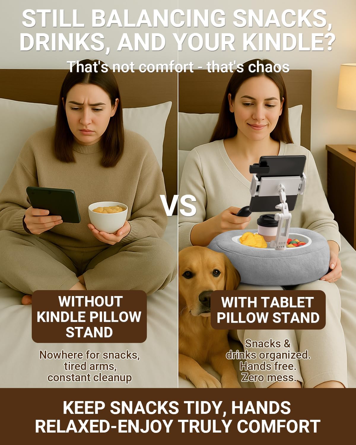 Tablet & Kindle Pillow Stand for Bed, Adjustable iPad Holder for Couch and Lap with 2 Snack Bowls, Cup Holder, 50 Disposable Liners and Washable Cover, Grey
