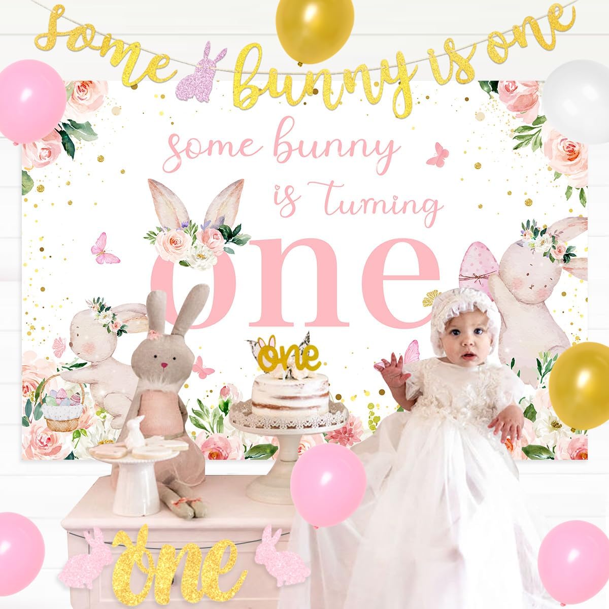 Some Bunny Is One Birthday Decorations, Bunny 1st Birthday Decorations for Girls Cake Topper Backdrop High Chair Banner for Girl 1st Bday