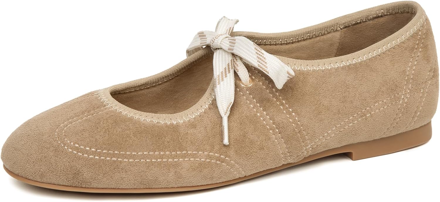 Lace up Ballet Flats for Women Round Toe Slip On Mary Jane Flats Comfortable Strappy Ballerina Shoes