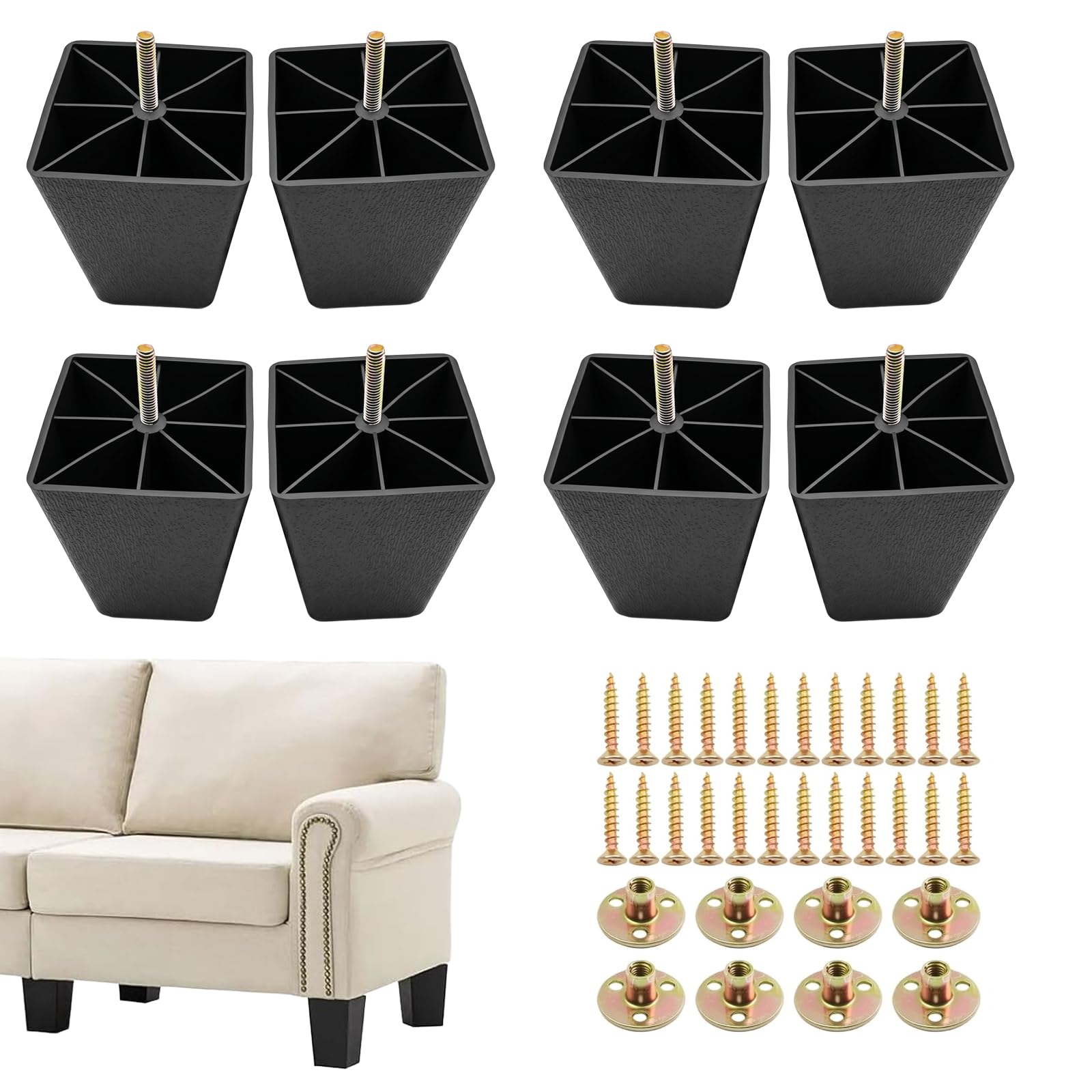 8 Pcs Plastic Furniture Legs with Mounting Plate and Screws, 4.6 Inch Black Square Tapered Sofa Feet Replacement Furniture Legs Plastic Sofa Leg Couch Leg for Couch Chair Bed Table TV Cabinet DIY Proj