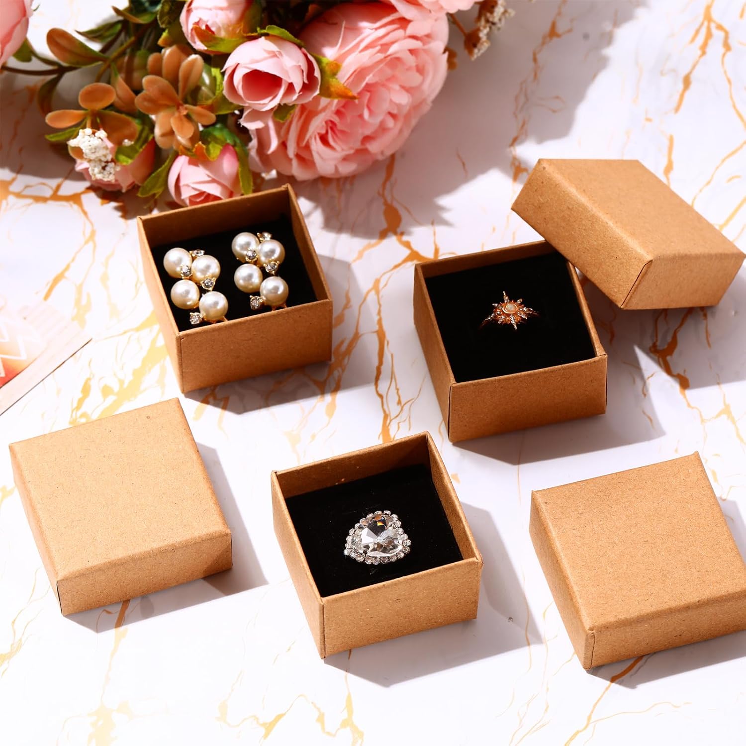Nosiny 120 Piece Small Ring Boxes Bulk 2 x 2 x 1.2 Inch Kraft Cardboard Jewelry Gift Boxes with Lids for Earrings Square Packing Versatile Occasions Birthday
