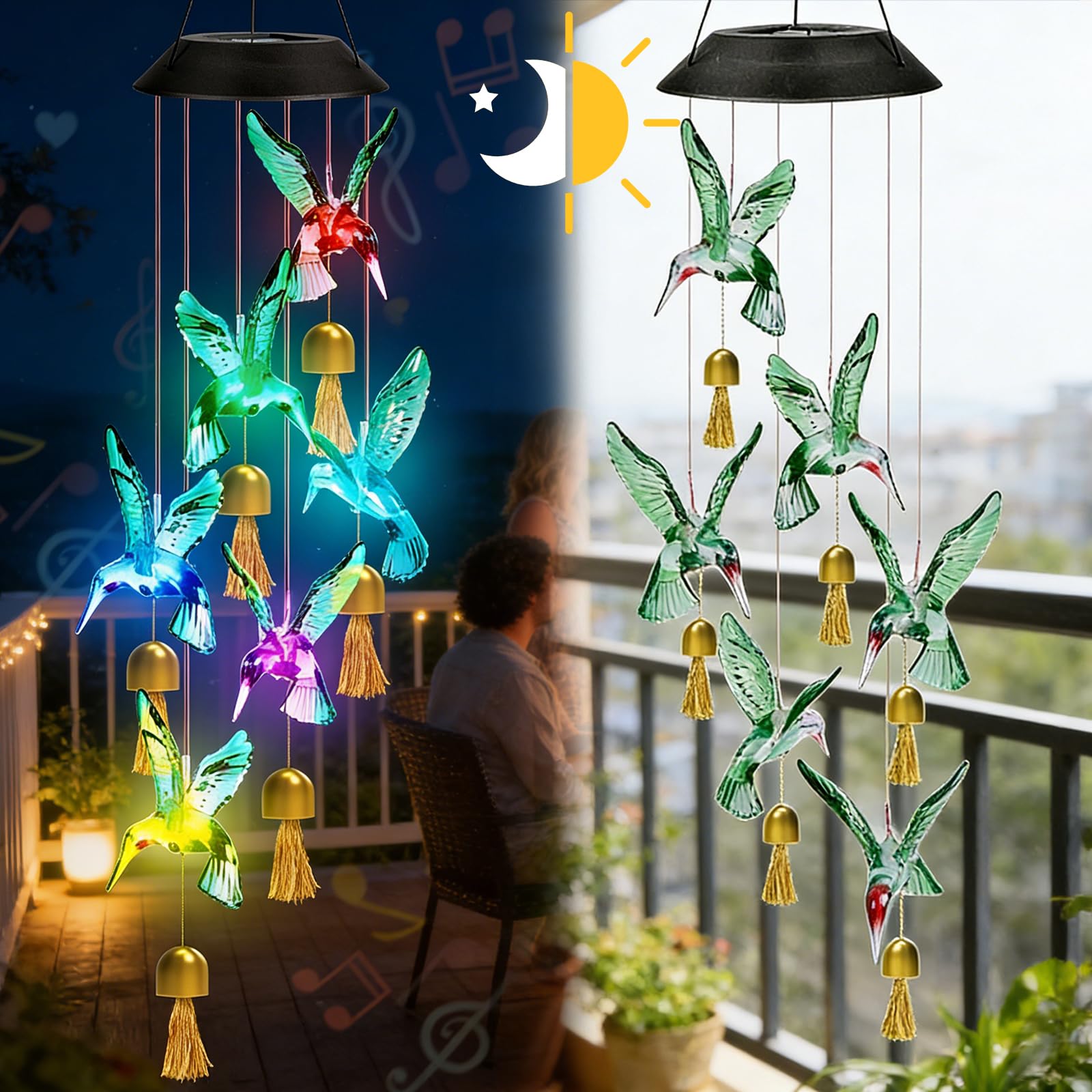 Scacciapensieri da giardino a LED solare, in metallo, per esterni, da appendere, set da 2 campanelli a vento a energia solare, da giardino, con design a colibrì, cambia colore, impermeabile, per