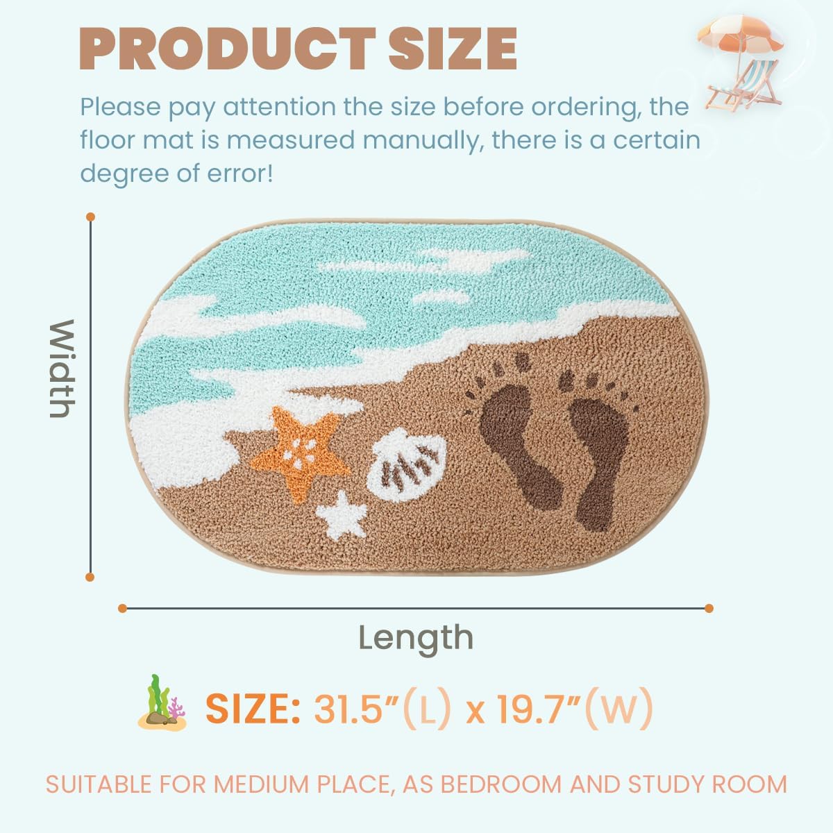 Seaside Beach Bathroom Rug Ultra Absorbent and Non Slip Bath Mat Machine Washable 31 x 20 Inches, Fluffy Carpet for Bath Tub, Bedroom and Living Room, Coast